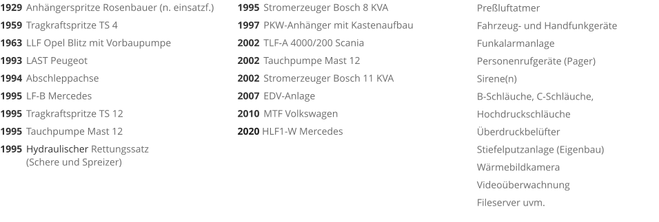 1929	Anhngerspritze Rosenbauer (n. einsatzf.) 1959 	Tragkraftspritze TS 4 1963 	LLF Opel Blitz mit Vorbaupumpe 1993 	LAST Peugeot 1994 	Abschleppachse 1995 	LF-B Mercedes 1995 	Tragkraftspritze TS 12 1995 	Tauchpumpe Mast 12 1995 	Hydraulischer Rettungssatz (Schere und Spreizer) 1995 	Stromerzeuger Bosch 8 KVA 1997 	PKW-Anhnger mit Kastenaufbau 2002 	TLF-A 4000/200 Scania 2002 	Tauchpumpe Mast 12 2002 	Stromerzeuger Bosch 11 KVA 2007 	EDV-Anlage 2010 	MTF Volkswagen 2020 HLF1-W Mercedes  Preluftatmer Fahrzeug- und Handfunkgerte Funkalarmanlage Personenrufgerte (Pager) Sirene(n) B-Schluche, C-Schluche, Hochdruckschluche berdruckbelfter Stiefelputzanlage (Eigenbau) Wrmebildkamera Videoberwachnung Fileserver uvm.